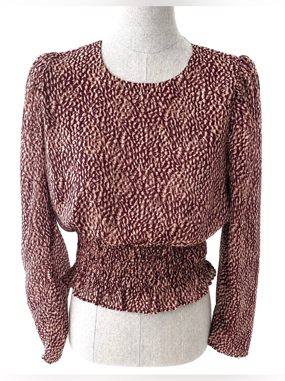 EXPRESS Maroon/Gold with Glitter Printed Long Sleeve Smocked Waist Top Blouse - Picture 2 of 11